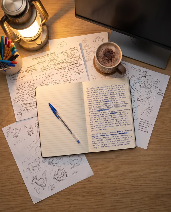 Un bureau éclairé par une lanterne de laiton : un carnet ouvert couvert d'écriture manuscrite, un stylo posé en travers, des croquis de créatures, une carte dessinée à la main, un organigramme de récit et une tasse de café. Illustration générée par IA.
