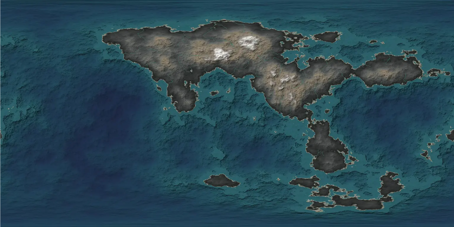 Carte de la surface de Tetra-2258 : des continents gris et bruns parcourus de fleuves, des hauteurs enneigées, des mers turquoise sur les plateaux côtiers et bleu sombre au large. Vue prise en fin d'été.